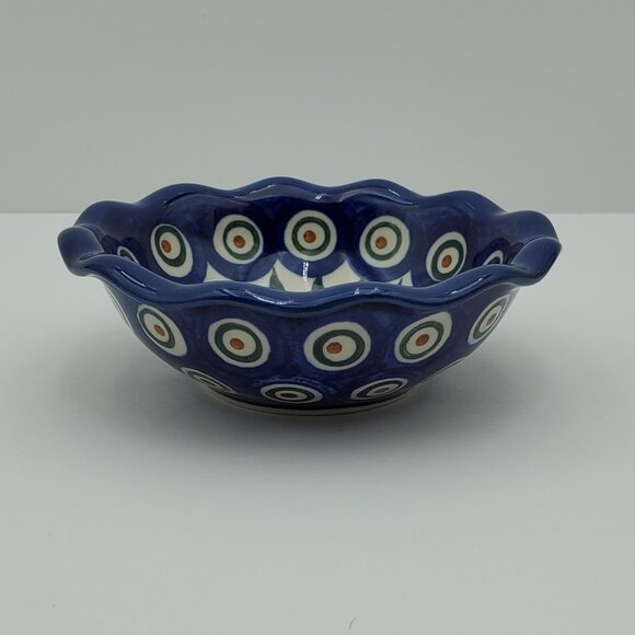 Polish Pottery Peacock Leaves 5" Fluted Bowl Peacock Dessert Bowl Trinket Dish - Picture 2 of 7